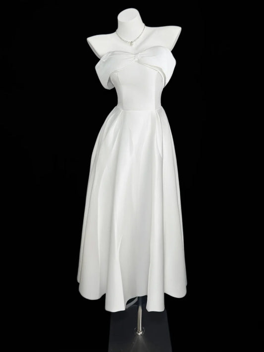 Cute A line Off The Shoulder White Satin Summer Beach Spring Summer Event Outfits Wedding Guest Dresses RB4357