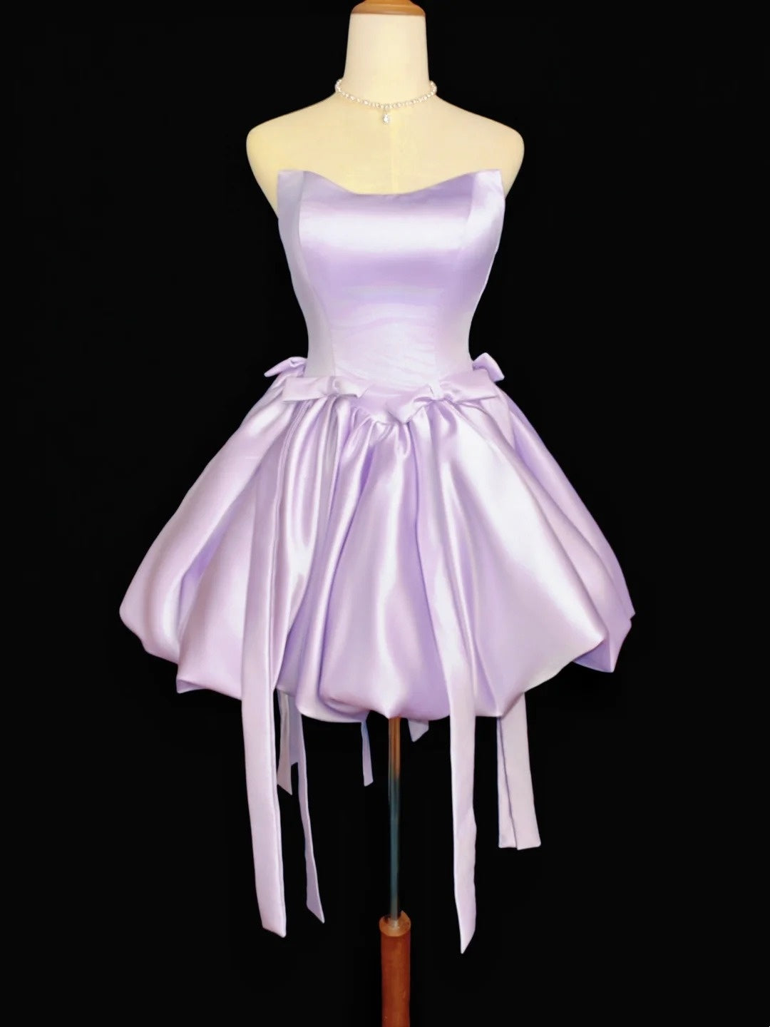 Romantic Ball Gown Strapless Lilac Satin Senior Short With Bow-knot Graduation High School Homecoming Dresses N4499