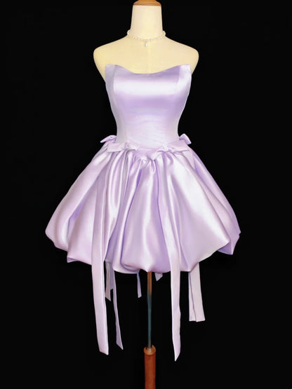 Romantic Ball Gown Strapless Lilac Satin Senior Short With Bow-knot Graduation High School Homecoming Dresses N4499