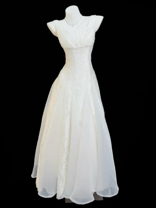 Pretty A line Square Neck White Lace Spring Summer Event Outfits Wedding Guest Dresses RB4347