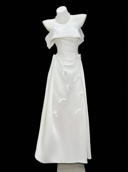 Stylish A Line Off The Shoulder White Long Floor Length Prom Dresses Inspo Evening Outfits RB4464
