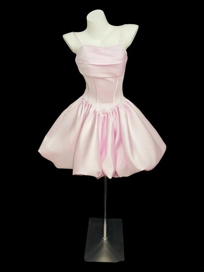 Romantic Ball Gown Spaghetti Strap Pink Satin Senior Short Graduation High School Homecoming Dresses N4505