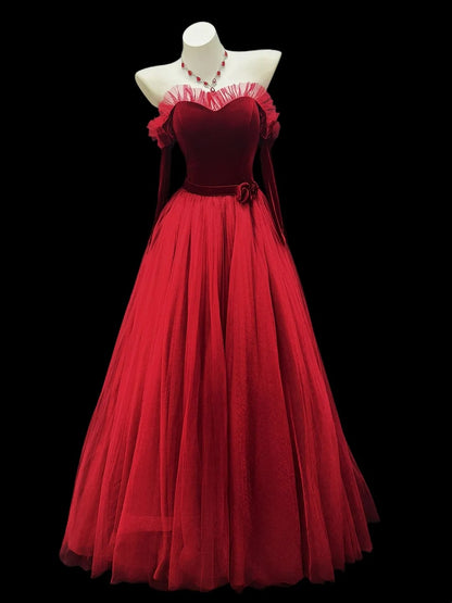 Chic A line Sweetheart Red Tulle With Ruffled Date Floor Length Night Evening Outfit Formal Prom Dresses RB5443