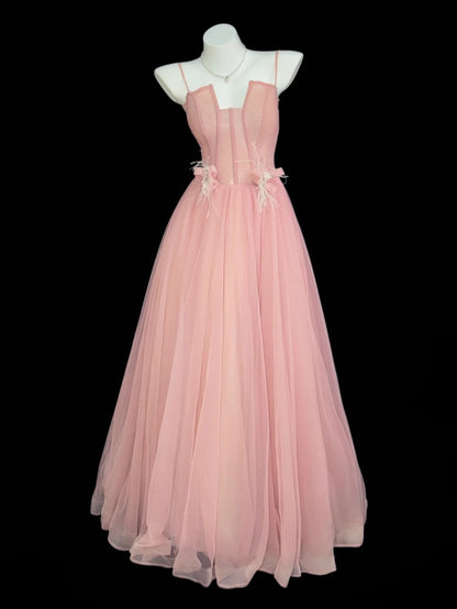 Chic A line Spaghetti Strap Pink Tulle With Ruffled Date Floor Length Night Evening Outfit Formal Prom Dresses RB5446