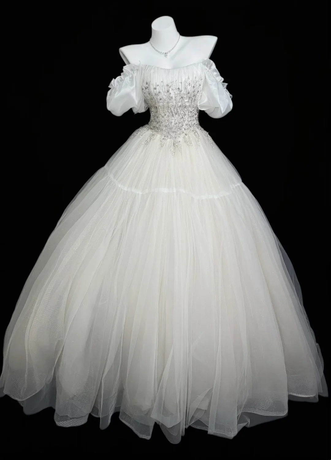 Elegant Ball Gown Off The Shoulder White Tulle With Beading Wedding Bridal Gown Long Wedding Dresses RB4454