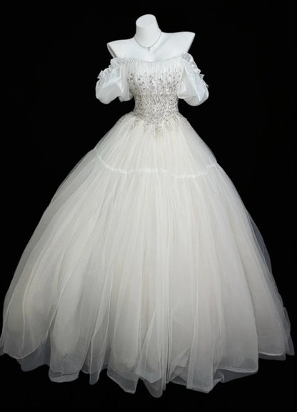 Elegant Ball Gown Off The Shoulder White Tulle With Beading Wedding Bridal Gown Long Wedding Dresses RB4454