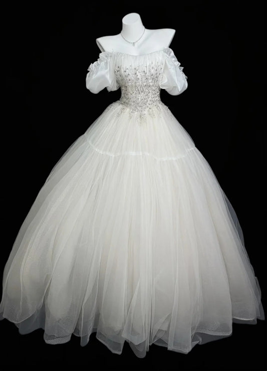 Elegant Ball Gown Off The Shoulder White Tulle With Beading Wedding Bridal Gown Long Wedding Dresses RB4454