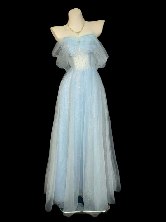 Princess Prom Dresses Formal A Line Off The Shoulder Light Blue With Sleeves Long Party Gowns N4520
