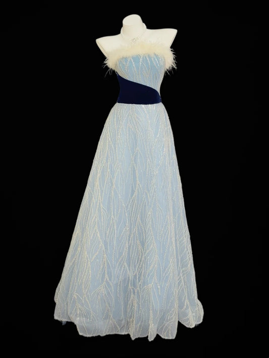Princess Prom Dresses Formal A Line Strapless Sequin Light Blue With Feathers Long Party Gowns N4522
