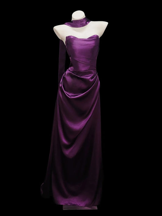 Chic Mermaid Strapless Purple Satin With Ruffled Date Floor Length Night Evening Outfit Formal Prom Dresses RB5438