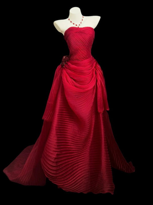 Princess Prom Dresses Formal Mermaid Strapless Sleeveless Red Long Party Gowns N4516