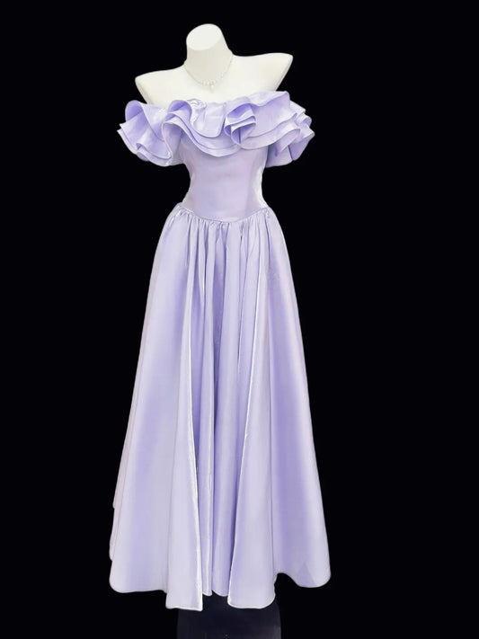 Chic A line Off The Shoulder Lilac With Sleeves Date Floor Length Night Evening Outfit Formal Prom Dresses RB5456