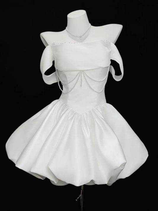 Elegant Ball Gown Off The Shoulder Inspo Ideas Senior White Satin Short Mini Party Cocktail Homecoming Dresses N4494