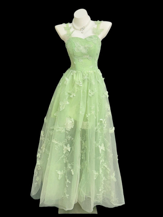Simple A line Spaghetti Strap Green Lace With Ruffled Date Floor Length Night Evening Outfit Formal Prom Dresses RB5448