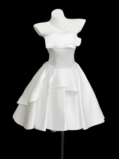 Pretty Ball Gown Strapless White Satin University Ideas Homecoming Dresses Inspo Short Hoco Court Gowns RB7217