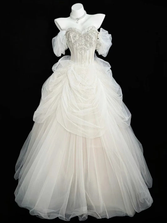 Elegant Ball Gown Off The Shoulder White Tulle With Beading Ruffled Wedding Bridal Gown Long Wedding Dresses RB4455
