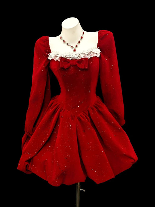Elegant Ball Gown Square Neck Red Velvet Inspo Ideas Senior Short Mini Party Cocktail Homecoming Dresses N4519
