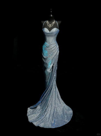 Elegant Mermaid Spaghetti Straps Navy Blue Slit Sequins Long Prom Dresses Formal Party Gowns Vestidos De Dia AB615