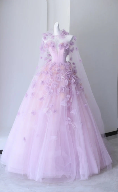 Beautiful Prom Dresses Ball Gown Sweetheart Tulle Lilac With Flowers Long Formal Gown N2924