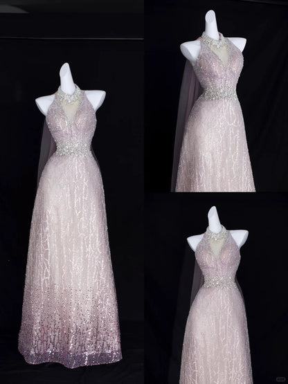 Elegant A Line Halter Blush Pink With Beading Formal Dress Sequin Birthday Prom Dresses N2829