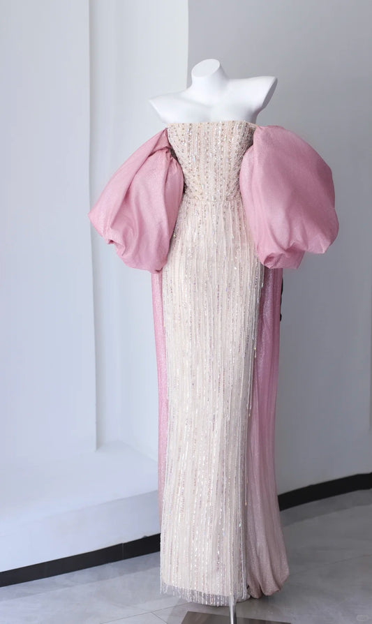 Classy Prom Dresses Sheath Strapless Champagne Sequined With Beading Sleeves Long Formal Gown N2920
