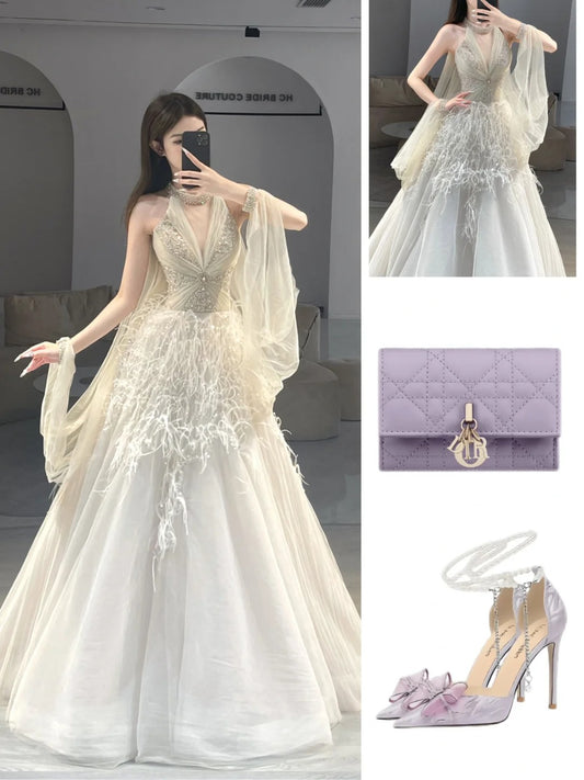 Beautiful Prom Dresses Ball Gown Halter Tulle With Beaded Feathers Long Formal Gown N2927