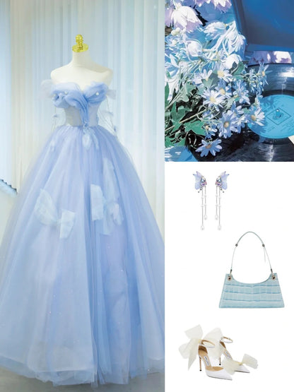 Pretty Prom Dresses Ball Gown Off The Shoulder Blue Tulle With Ruffle Long Formal Gown N2936