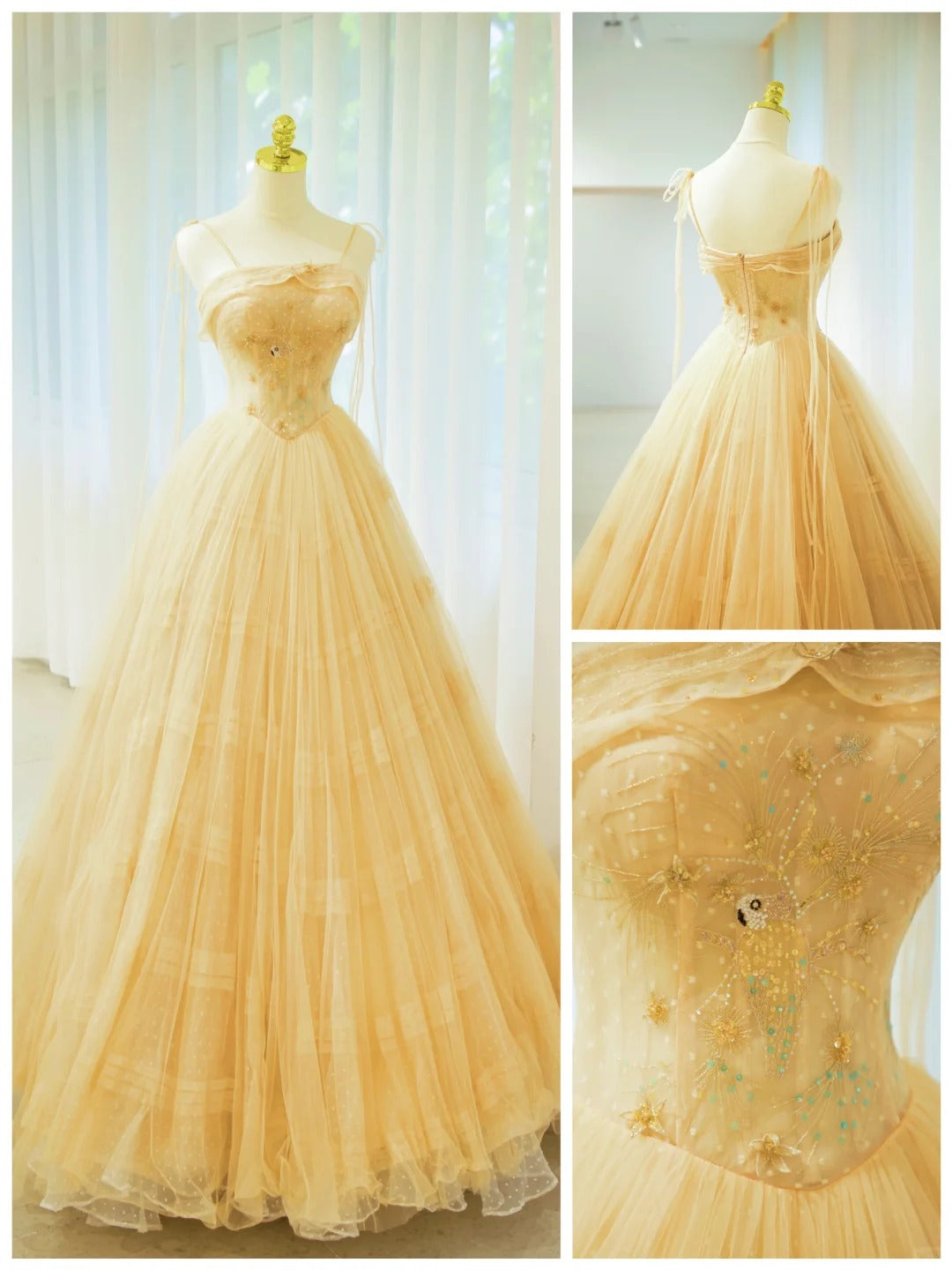 Beautiful Prom Dresses Ball Gown Spaghetti Strap Yellow Tulle With Beading Long Formal Gown N2932