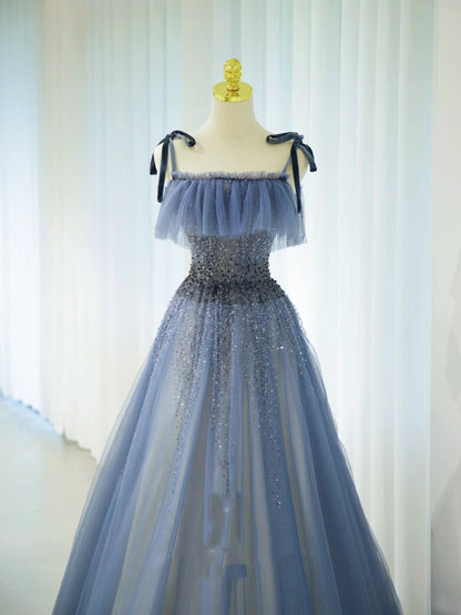 Romantic A Line Spaghetti Strap Dusty Blue Grey With Beading Formal Dress Long Prom Dresses N2856