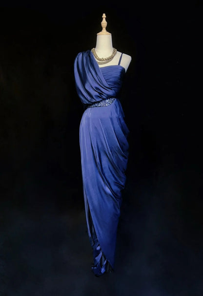 Vintage Prom Dresses Sheath Navy Blue Satin 1990s Long Formal Evening Gown N2663