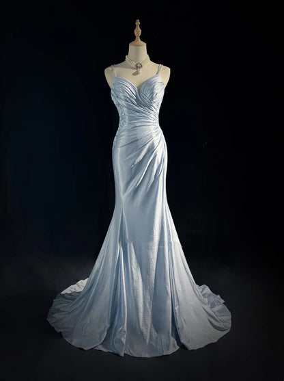 Modest Prom Dresses Mermaid Spaghetti Strap Light Sky Blue With Applique Formal Outfits N3690