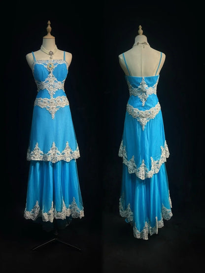 Vintage Prom Dresses A line Spaghetti Strap Blue Tulle Lace 1980s Mid Length Formal Evening Gown N2627