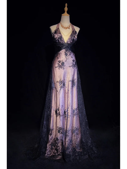Vintage Prom Dresses Inspo A line Halter Pink Satin Black Lace With Backless For Women Formal Dress N3254