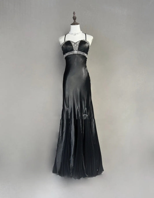 Vintage Prom Dresses Mermaid Spaghetti Strap Black Satin 90s With Ruffles Beading Long Formal Party Dress N2510