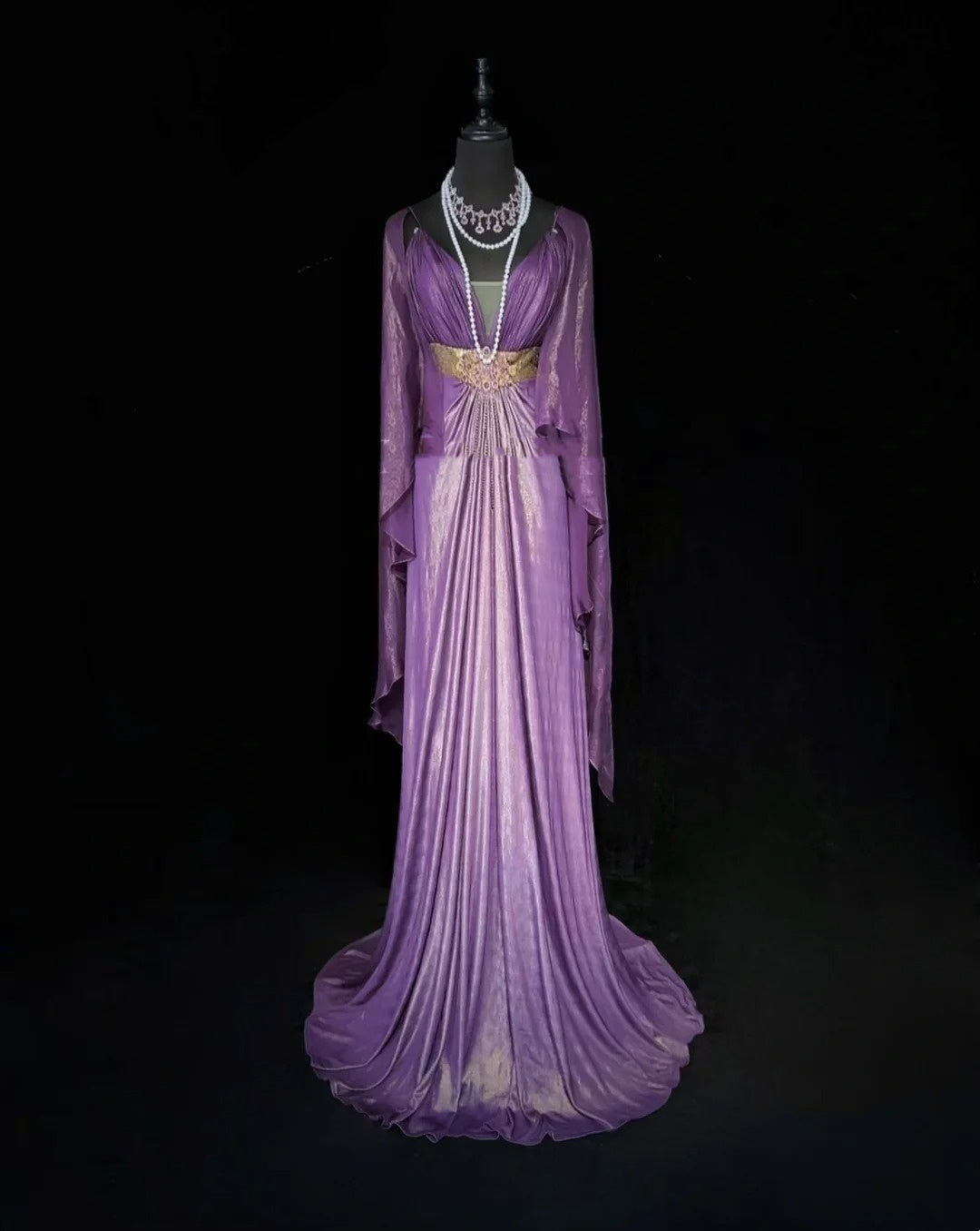 Charming Prom Dresses A line Spaghetti Strap Purple Chiffon With Cape Long Formal Evening Dress N3897