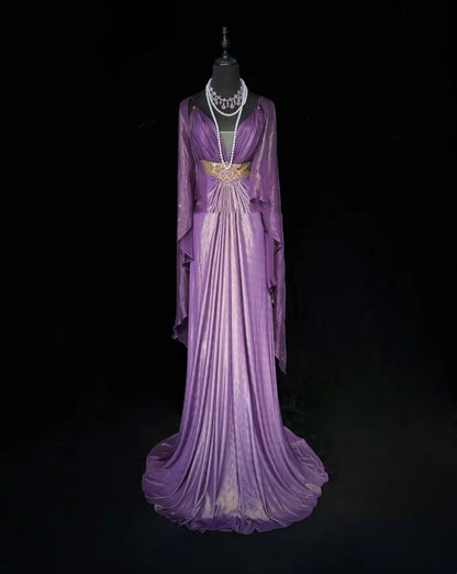 Charming Prom Dresses A line Spaghetti Strap Purple Chiffon With Cape Long Formal Evening Dress N3897