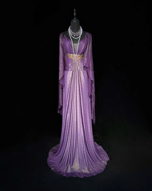 Charming Prom Dresses A line Spaghetti Strap Purple Chiffon With Cape Long Formal Evening Dress N3897