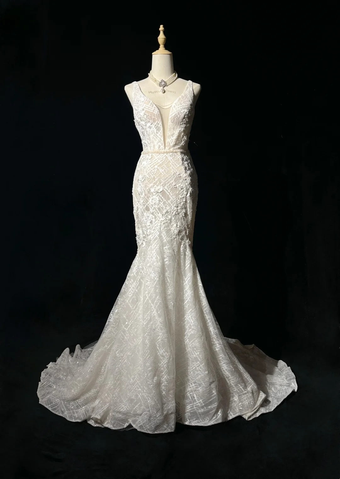 Sparkly Wedding Dresses Mermaid V Neck Ivory Lace Long Brides Dress Bridal Gown N2930