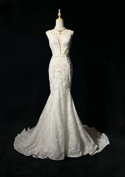 Sparkly Wedding Dresses Mermaid V Neck Ivory Lace Long Brides Dress Bridal Gown N2930