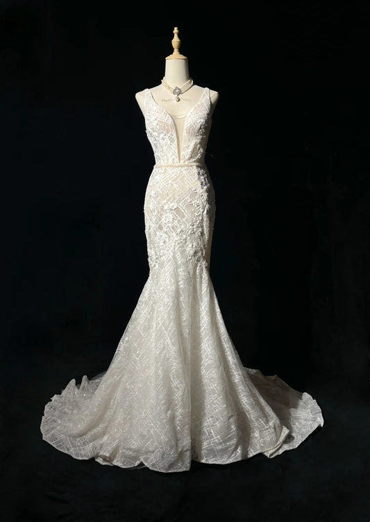 Sparkly Wedding Dresses Mermaid V Neck Ivory Lace Long Brides Dress Bridal Gown N2930