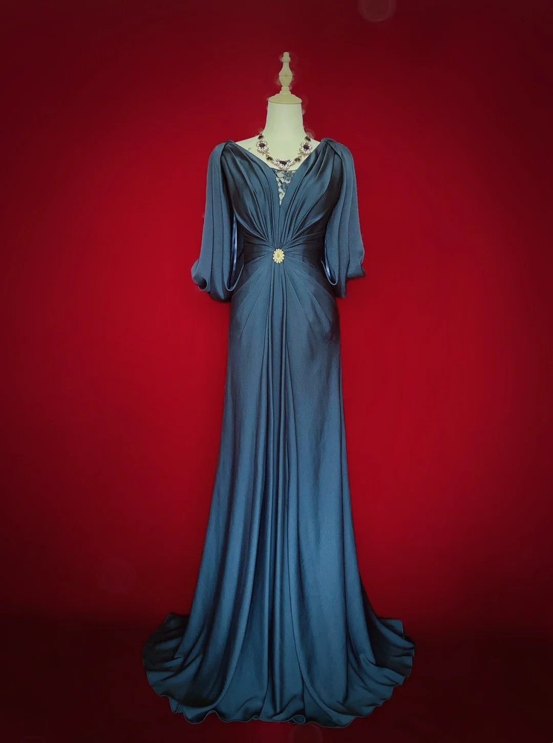 Vintage Prom Dresses 80s Mermaid V Neck Navy Blue Satin Floor Length Evening Outfits N3459