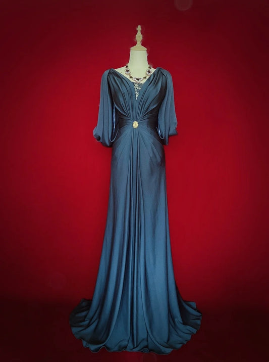 Vintage Prom Dresses 80s Mermaid V Neck Navy Blue Satin Floor Length Evening Outfits N3459