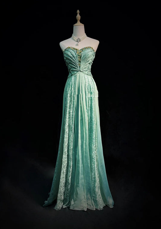 Retro Gown Prom Vintage Dresses A line Sweetheart Green Lace Chiffon With Beading 90s Formal Outfits N2328