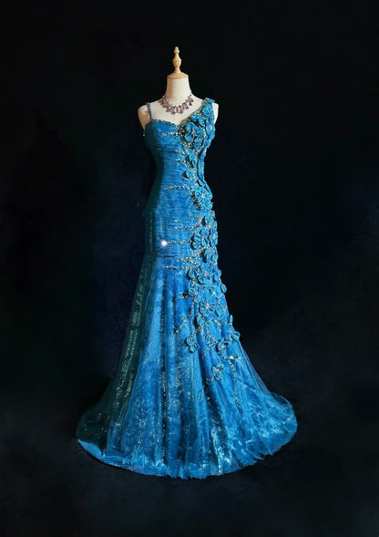 Vintage 1980s Prom Dresses Mermaid Irregular Shoulder Strap Royal Blue Sequin Long Formal Party Dress N2537
