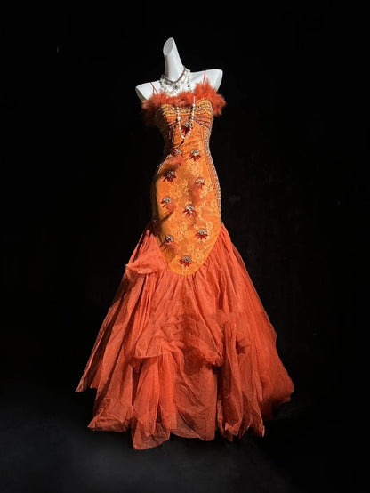 Vintage Prom Dresses Mermaid Spaghetti Straps Orange Tulle Lace Long 80s Party Evening Formal Gown RC1144