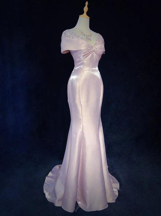 Vintage Prom Dresses Inspo Mermaid Off The Shoulder Pink Satin 80s With Lace Formal Gowns N3374