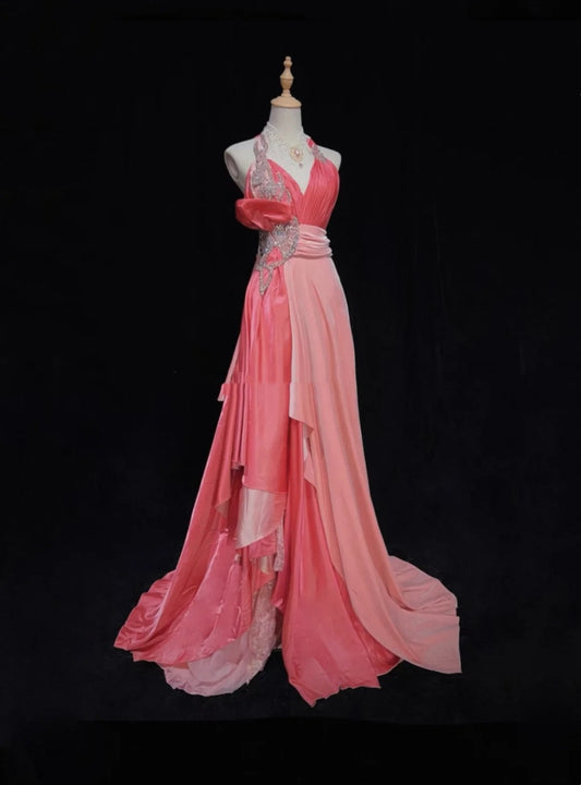 Vintage Prom Dresses A Line Halter Coral Pink Lace With Ruffles Chiffon Long Formal Dress N2499