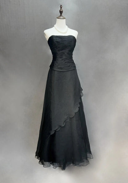 Vintage Prom Dresses A line Strapless Black Tie Dress Sleeveless 1990s Long Formal Evening Gown N2635