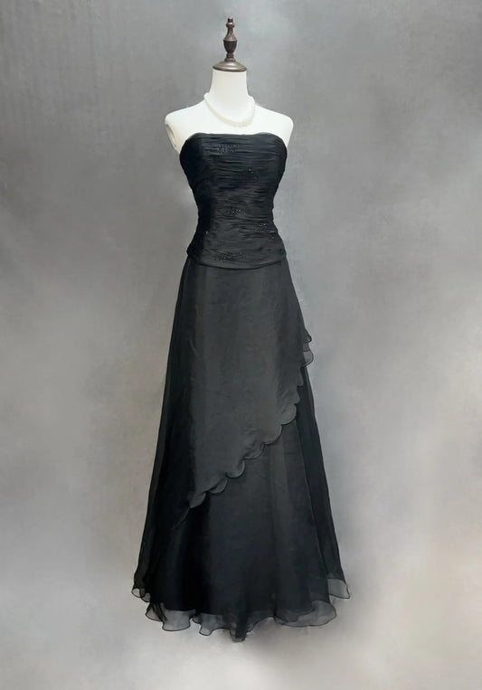 Vintage Prom Dresses A line Strapless Black Tie Dress Sleeveless 1990s Long Formal Evening Gown N2635