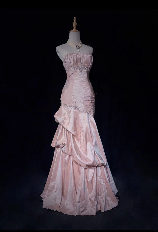 Vintage Prom Dresses Mermaid Spaghetti Strap Taffeta Light Pink With Silver Beads 1950s Long Formal Gown N2597